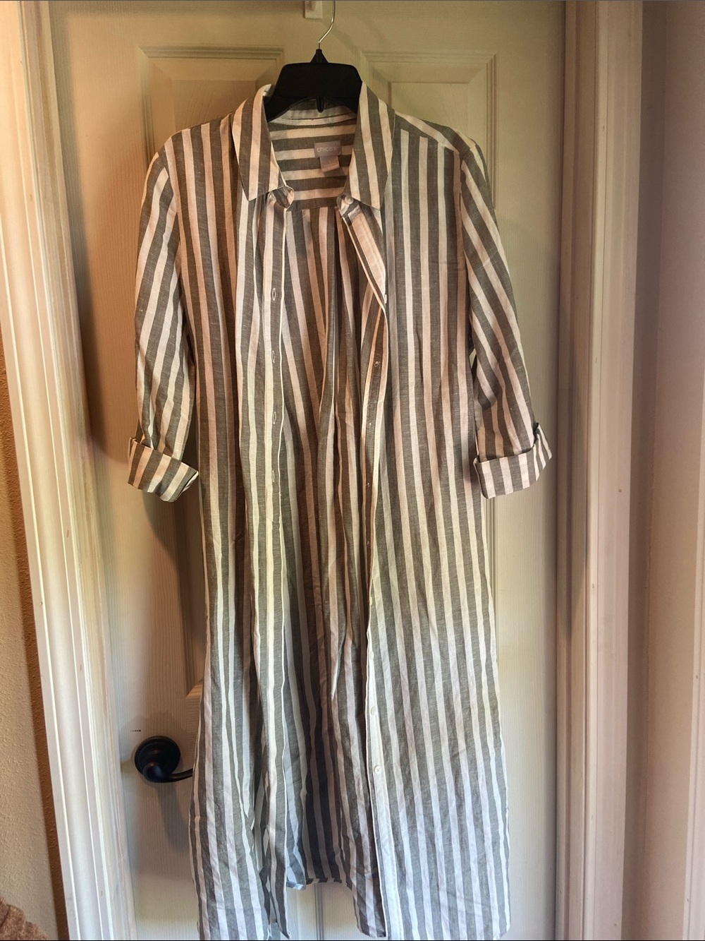 Chico's Gray and White Vertical Stripe Longline Shirt Coat